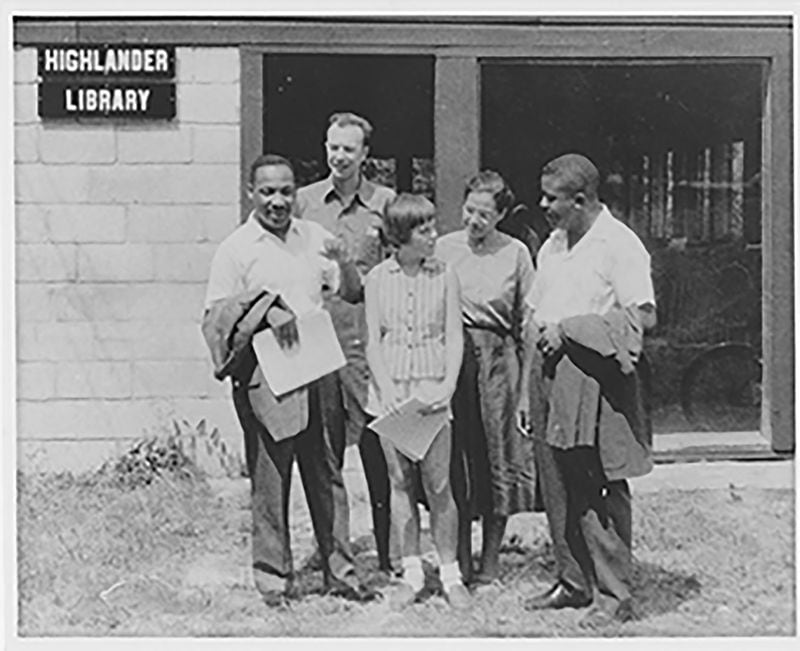 From left: Martin Luther King, Pete Seeger, Charis Horton, Rosa Parks and Ralph Abernathy at Highlander Institute in 1957. Credit: Highlander Education and Research Center