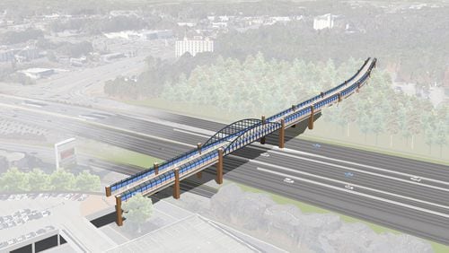 This rendering shows the Cobb pedestrian transit bridge tying into a parking deck at the office park. Documents reviewed by the newspaper seem to show this bridge placement unlikely.