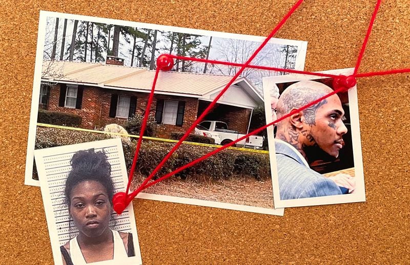 88-year-old Bobby Kicklighter was murdered in his Glennville home, shown at center, in what investigators say was a botched assassination that was intended to target a correctional officer. Investigators connected Kicklighter's murder to Aerial Deshay Murphy, bottom left, who has pleaded guilty to playing a role in the murder. Prosecutors say that Nathan Weekes hired former prisoner Christopher Sumlin, at right, to be the triggerman. (AJC photo illustration)