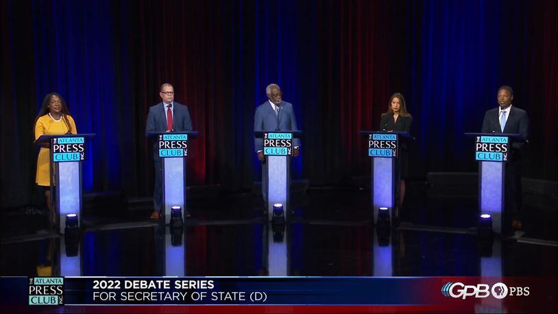 Five Democrats running for Georgia secretary of state participated Monday in a debate sponsored by the Atlanta Press Club. From left: Dee Dawkins-Haigler, John Eaves, Floyd Griffin, Bee Nguyen and Michael Owens.