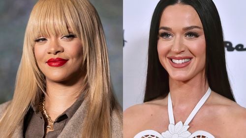This combination of AP file photos shows Rihanna at the FENTY x PUMA Creeper Phatty Earth Tone sneaker launch party in London on April 17, 2024, left, and Katy Perry at the 35th Annual Colleagues Spring Luncheon and Oscar de la Renta Fashion Show in Beverly Hills, Calif., on April 25, 2024. (AP Photo)