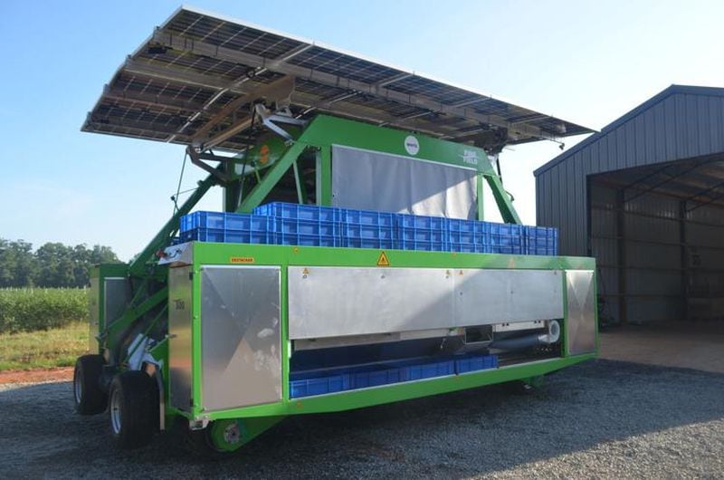 The Harvy500 is a new machine that revolutionizes the way farmers harvest blueberries. It harvests the berries with a result similar to handpicking, with minimal bruising and lost crop caused by older harvesters but without the labor costs. (Photo Courtesy of Lucille Lannigan)