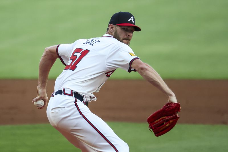 Atlanta Braves pitcher Chris Sale (51) delivers to a Boston Red Sox batter during the first inning at Truist Park, Wednesday, May 8, 2024, in Atlanta.  (Jason Getz / AJC)
