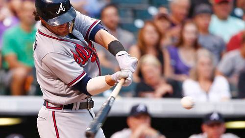 Atlanta Braves’ Dansby Swanson connects for a two run double off Colorado Rockies starting pitcher Kyle Freeland during the second inning of a baseball game Tuesday, Aug. 15, 2017, in Denver. (AP Photo/Jack Dempsey)