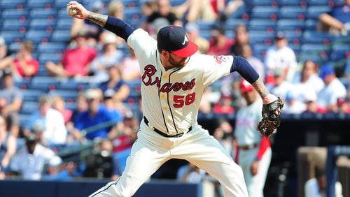 Peter Moylan delivers a pitch for the Braves in 2015 in his second stint with the team. He could return for a third if the Braves and the reliever come to terms on a contract. (Photo by Scott Cunningham/Getty Images)