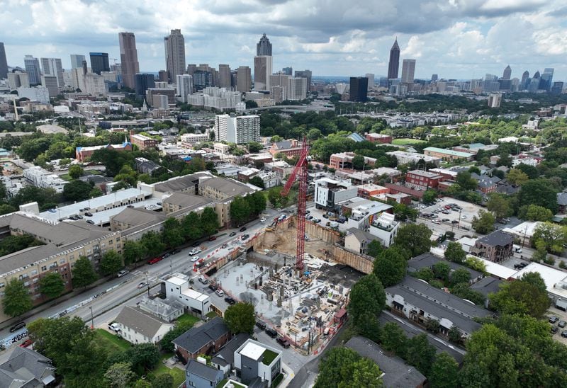 September 8, 2022 Atlanta - The footprint of a large new development in the Old Fourth Ward neighborhood is shown from above on Thursday, September 8, 2022. Tree advocates say that often new developments fail to leave enough space for new tree plantings to grow and succeed. (Hyosub Shin / Hyosub.Shin@ajc.com)