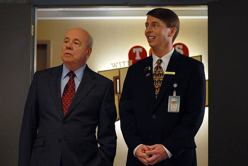 30 ROCK -- "Subway Hero" Episode 211 -- Air Date 05/01/2008 -- Pictured: (l-r) Tim Conway as Bucky Bright, Jack McBrayer as Kenneth Parcell  (Photo by Nicole Rivelli/NBC/NBCU Photo Bank via Getty Images)