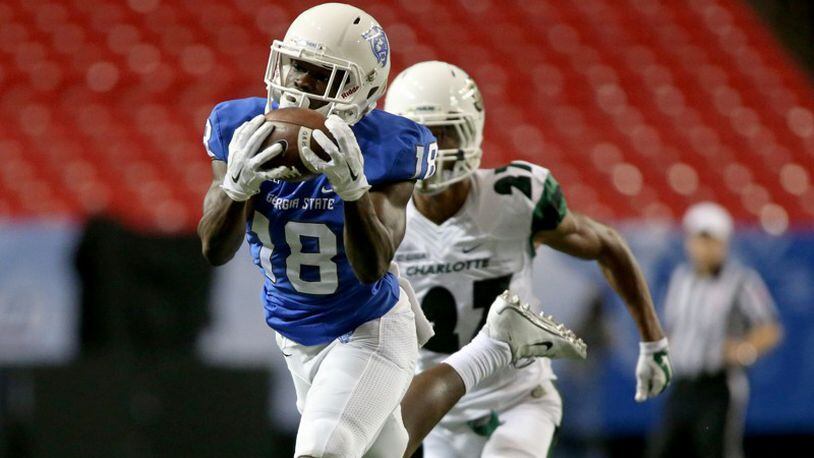 Georgia State Panthers wide receiver Penny Hart (18) catches a 53-yard touchdown pass in the fourth quarter of their game against the Charlotte 49ers at the Georgia Dome, September 4, 2015, in Atlanta. Hart is returning from a broken foot that sidelined him for most of 2016. PHOTO / JASON GETZ