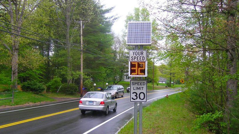 If approved, Sandy Springs will use grant funding to purchase a an 18-inch speed alert radar message sign with strobe. (Courtesy Traffic Solutions)