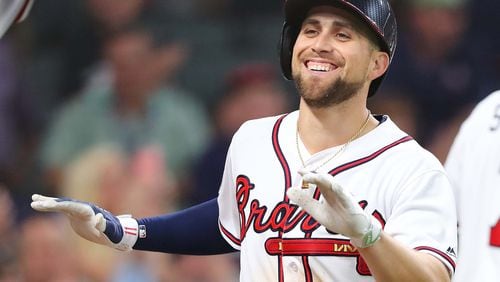 Braves centerfielder Ender Inciarte celebrates hitting the first home run in SunTrust Park against San Diego. Inciarte already has hit more home runs this season (four) than all of last year and is two short of his career high. (Curtis Compton/ccompton@ajc.com)