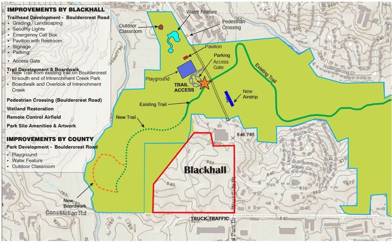 A map of proposed amenities and replacements at the park planned on land DeKalb County acquired from Blackhall Studios in a recently closed land swap. SPECIAL PHOTO