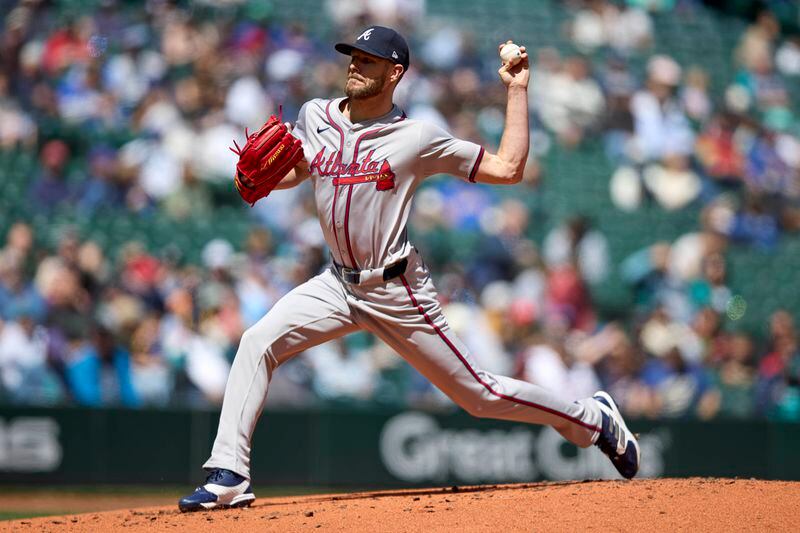 Atlanta Braves pitcher Chris Sale throws to a Seattle Mariners' batter during the first inning of a baseball game, Wednesday, May 1, 2024, in Seattle. (AP Photo/John Froschauer)