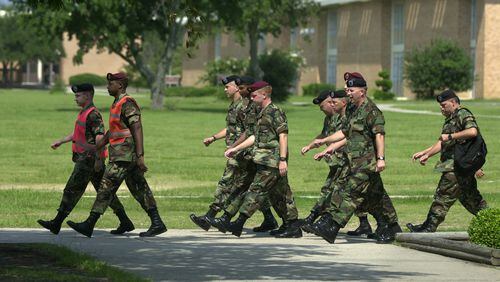 U.S. soldiers in Signal Corps training marching to lunch at Fort Gordon in Augusta, Georgia.