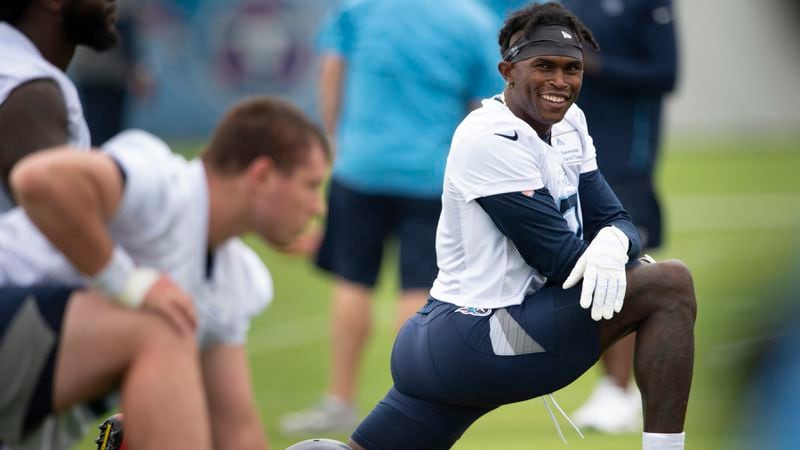 New Tennessee Titans wide receiver Julio Jones stretches during practice Thursday, June 10, 2021, in Nashville, Tenn. The Falcons traded the All-Pro wide receiver earlier this week. (George Walker IV/AP)