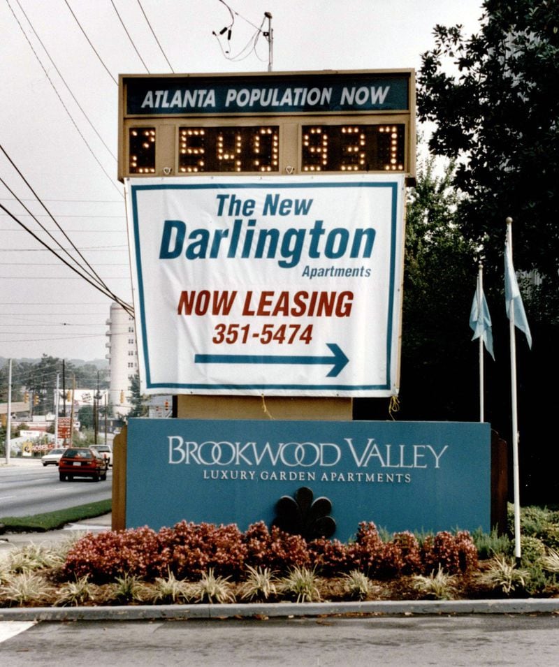 The population sign in from of the Darlington on Peachtree St. on September 27, 1993.