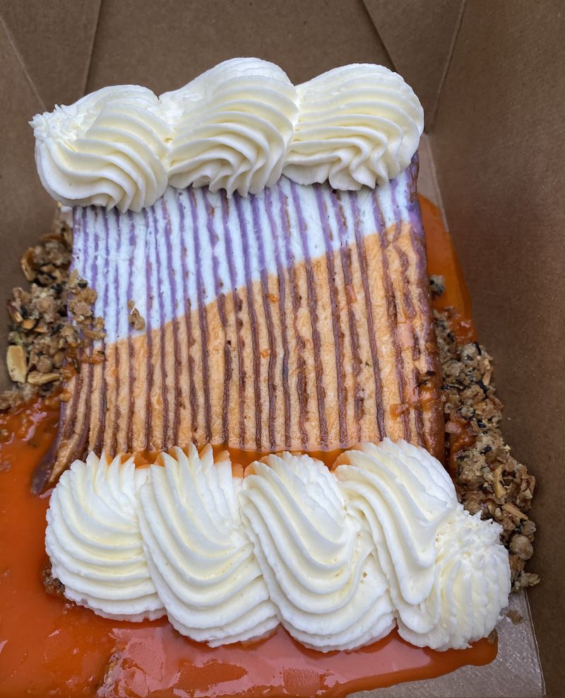 The Earl Grey crepe cake is among the desserts made by Tiny Lou's new pastry chef, Charmain Ware. Ligaya Figueras/ligaya.figueras@ajc.com

