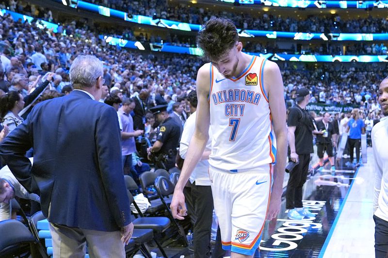 Oklahoma City Thunder forward Chet Holmgren walks off the court after Game 6 of an NBA basketball second-round playoff series against the Dallas Mavericks Saturday, May 18, 2024, in Dallas. (AP Photo/Tony Gutierrez)