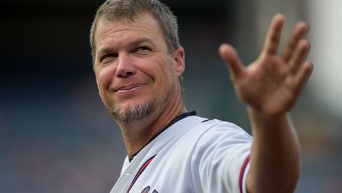 ATLANTA, GA - AUGUST 8:  Former Atlanta Braves player Chipper Jones waves to the crowd during a pre-game ceremony honoring many Braves alumni players before the game against the Washington Nationals at Turner Field on August 8, 2014 in Atlanta, Georgia. (Photo by Kevin Liles/Getty Images)