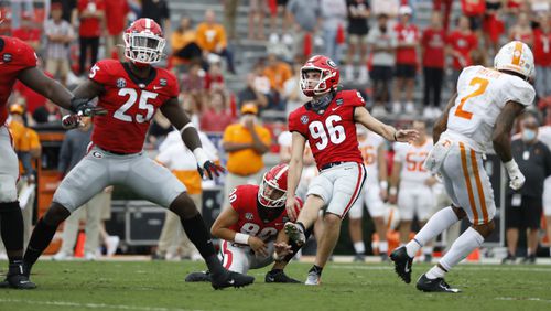 Georgia kicker Jack Podlesny (96) during the Bulldogs' game with Tennessee in Athens, Ga., on Saturday, Oct. 10, 2020.. (Photo by Andrew Davis Tucker)