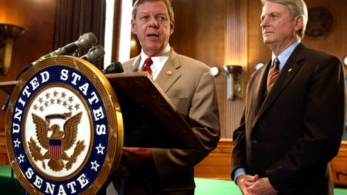 Photo by Rick McKay/Washington Bureau
slug: COX-BASEBALL-0718
WASHINGTON... Rep. Johnny Isakson, R-Ga., left, and Sen. Zell Miller, D-Ga., right, talk about their bipartisan legislation to avert a baseball strike at a news conference on Capitol Hill Wednesday. Their resolutions in the House and Senate urge the Federal Mediation and Conciliation Service to intervene to help the Major League Baseball Players Association and the owners of Major League Baseball to reach an agreement that will avert a baseball strike or lockout. (Photo by Rick McKay/Cox Washington Bureau)