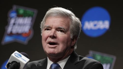 NCAA President Mark Emmert answers questions at a news conference at the Final Four Thursday, April 4, 2019, in Minneapolis.