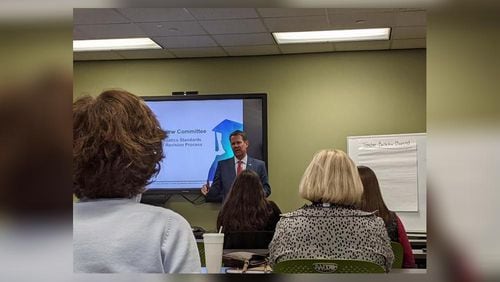Atlanta - Georgia Gov. Brian Kemp talks to a citizen review panel about the state's educational math standards on Friday, Dec. 6, 2019.