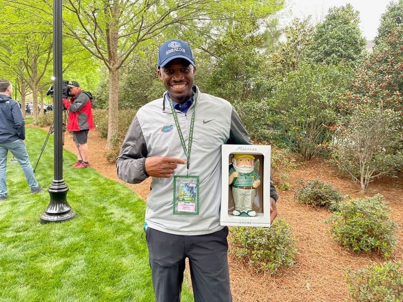 Masters patron Derrick Terrell, of Gainesville, Fla., was one of the lucky spectators to come away with a gnome from the Augusta National gift shop on Tuesday.