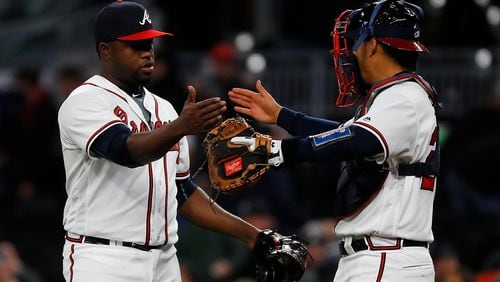 Closer Arodys Vizcaino celebrates with catcher Kurt Suzuki after a 2-1 win against the Phillies on April 16,  the only save of the season so far by a Braves pitcher. (Photo by Kevin C. Cox/Getty Images)