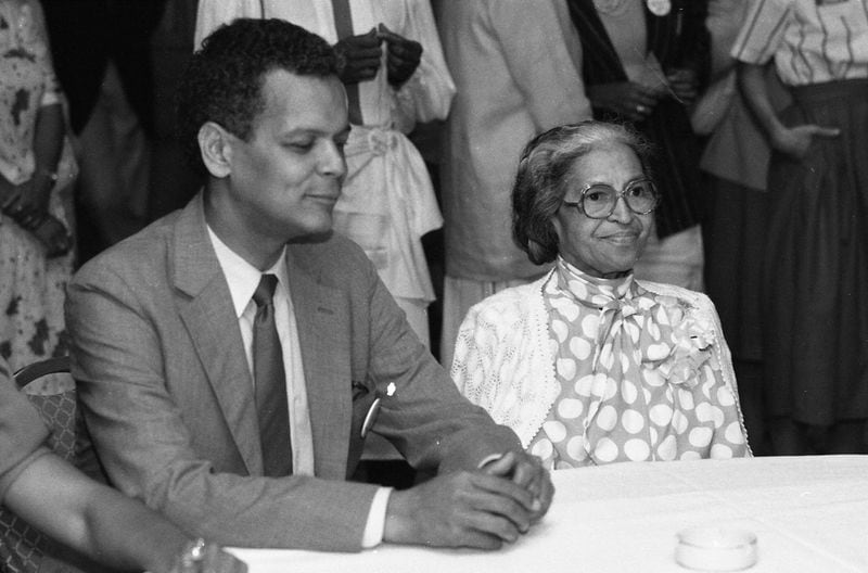 Civil rights icon Rosa Parks campaigns for Julian Bond in his bid for Congress in 1986. Nick Arroyo/AJC File photo