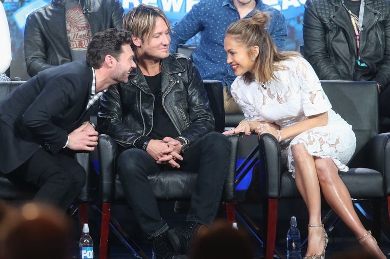  PASADENA, CA - JANUARY 15: (L-R) Host Ryan Seacrest, Judge Keith Urban and Judge Jennifer Lopez speaks onstage during the "American Idol" panel discussion at the FOX portion of the 2015 Winter TCA Tour at the Langham Huntington Hotel on January 15, 2016 in Pasadena, California (Photo by Frederick M. Brown/Getty Images)