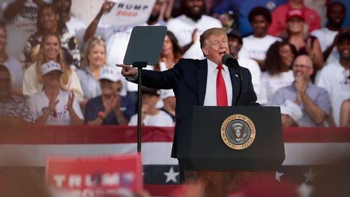 President Donald Trump speaks during a rally in Panama City Beach, Fla., on May 8, 2019. (Scott Olson/Getty Images/TNS) \