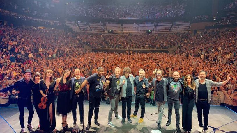 The members of Jeff Lynne’s ELO took a selfie with the Atlanta crowd as a backdrop during their sold-out concert at State Farm Arena on July 5, 2019. Average age of the band was less than that of the crowd. (photo credit: Jeff Lynne’s ELO website)