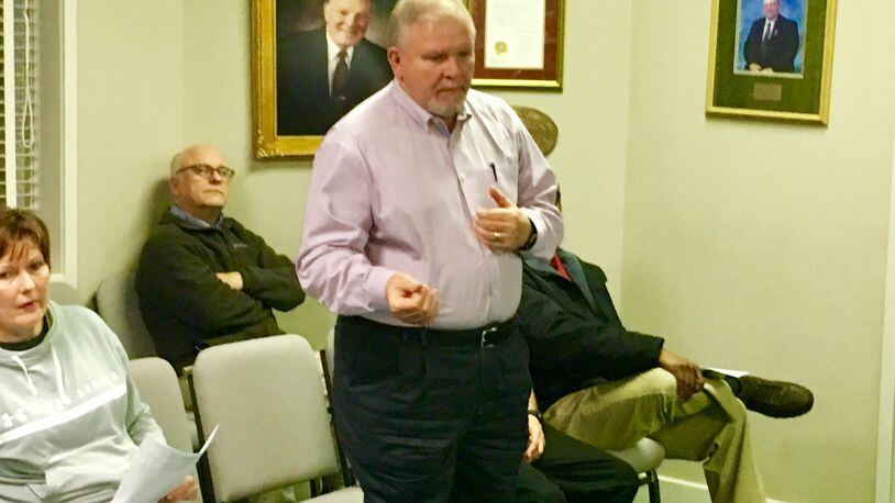 Ken Turner gives a brief speech after being introduced as Avondale Estates’ interim city manager on Feb. 14.