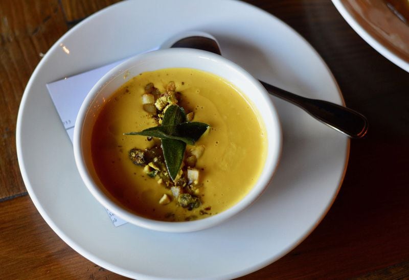 Apple-kabocha soup at Kitchen Six, the recently opened restaurant in Decatur’s Oak Grove neighborhood. (photo: Henri Hollis for the AJC)