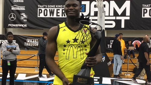 Five-star prospect and Duke signee Zion Williamson was the easy winner of Monday's slam-dunk contest ahead of the McDonald's All-American Games Wednesday at Philips Arena.