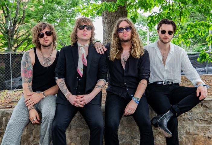 Atlanta, Ga: The Struts pose backstage before they take the stage on Sunday at Shaky Knees. Photo taken May 5, 2024 at Central Park, Old 4th Ward. (RYAN FLEISHER FOR THE ATLANTA JOURNAL-CONSTITUTION)
