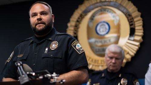 210610-Brookhaven-Brookhaven Police Lt. David Snively talks to journalists about the arrest of Christopher Jones in the weekend stabbing of a pregnant woman on the Peachtree Creek Greenway.  Ben Gray for the Atlanta Journal-Constitution