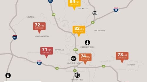 This map of varying life expectancy in metro Atlanta was prepared by the Virginia Commonwealth University’s Center on Society and Health.