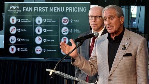 Atlanta Falcons owner Arthur Blank, right, and Falcons President Rich McKay at a press conference at the new Mercedes-Benz Stadium. BRANT SANDERLIN/BSANDERLIN@AJC.COM