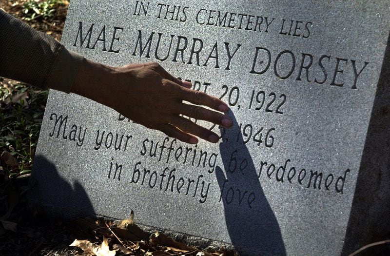 A memorial tombstone for Moore’s Ford lynching victim Mae Murray Dorsey at the Zion Hill Cemetery in Monroe, Ga. Dorsey was one of four blacks lynched nearby on July 25, 1946. (CURTIS COMPTON / AJC)