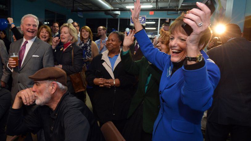 Atlanta City Council Post 2 At-Large candidate Mary Norwood cheers with supporters at her campaign headquarters on Nov. 5, 2013.