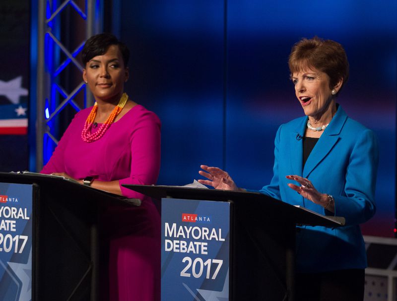 Keisha Lance Bottoms, left, and Mary Norwood during the WSB-TV Atlanta mayoral debate on December 3, 2017, in Atlanta. 