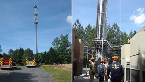 Gwinnett County firefighters helped rescue an injured man from a cell tower in Suwanee on Monday afternoon.