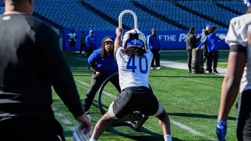 Georgia State holds spring football practice, the first under coach Dell McGee, at Center Parc Stadium on Tuesday, March 19, 2024. (Jamie Spaar for The Atlanta Journal-Constitution)