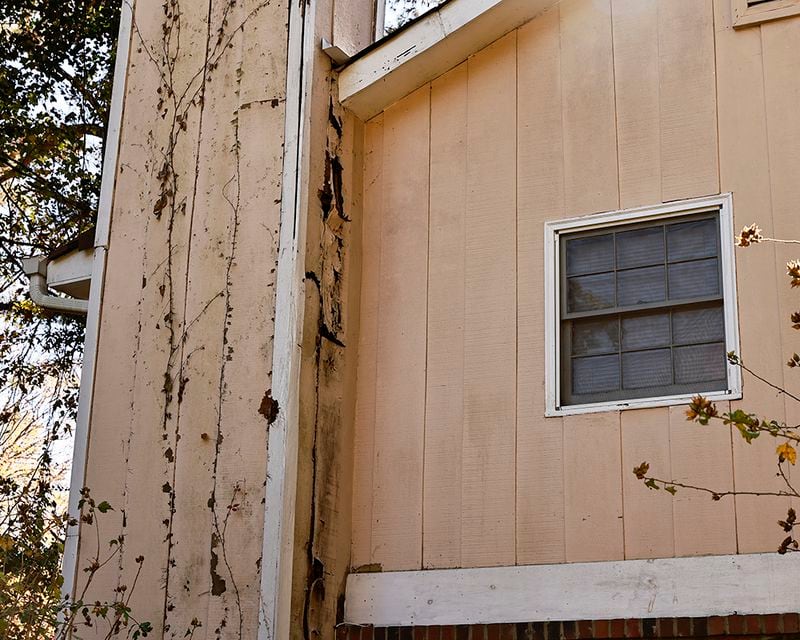Rotting paneling awaits repairs on the chimney at Dele Lowman's Stonecrest home last fall. "We're merely a vehicle for profits," she said of her landlord VineBrook. (Natrice Miller/natrice.miller@ajc.com)


