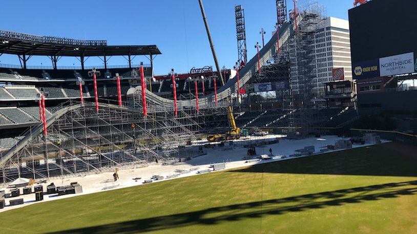A look at work in progress on building the 15-story-tall steel scaffold jump structure, which will be covered with snow for the Visa Big Air event at SunTrust Park.