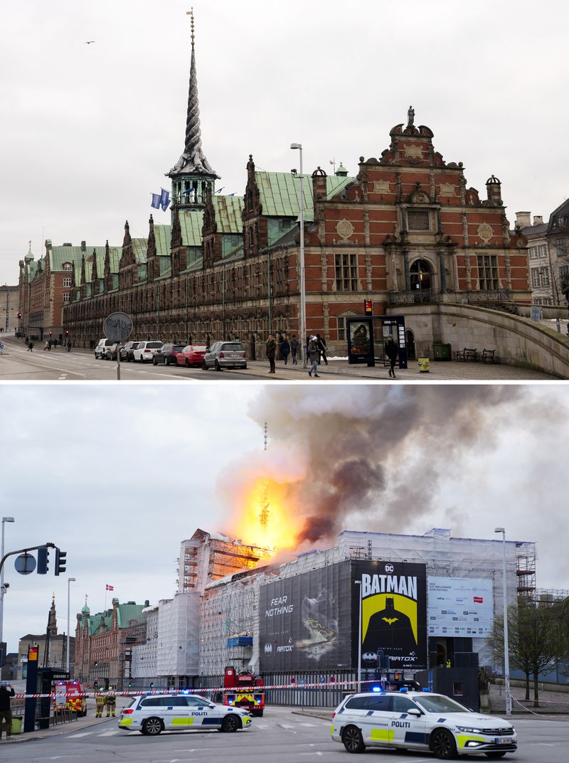 This photo combo shows the Old Stock Exchange in Copenhagen, Denmark, on Jan. 28, 2019, top, and fire and smoke rising out it on Tuesday, April 16, 2024, bottom. The building, which is situated next to the Christiansborg Palace where the parliament sits, is a popular tourist attraction. Its distinctive spire, in the shape of the tails of four dragons twined together, reached a height of 56 meters (184 feet). (Linda Kastrup, Ida Marie Odgaard/Ritzau Scanpix via AP)