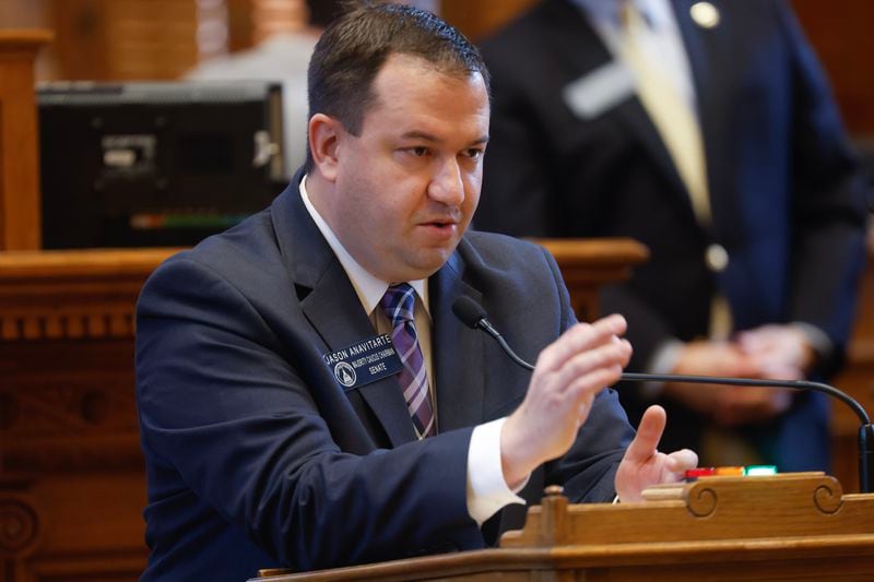 Sen. Jason Anavitarte (R—Dallas) speaks about the Tik Tok bill that would ban the app on all state-owned devices on Thursday, February 16, 2023. (Natrice Miller/ natrice.miller@ajc.com) 