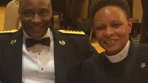Mitzi Bickers, right, a former Atlanta City Hall official is now a chaplain with the Clayton County Sheriff’s Office. She is seen in this photo with Clayton Sheriff Victor Hill. SPECIAL