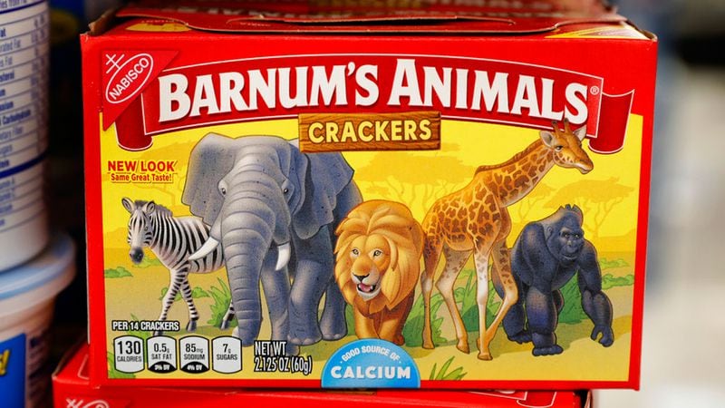 This Monday, Aug. 20, 2018, photo shows a box of Nabisco Barnum's Animals crackers on the shelf of a local grocery store in Des Moines, Iowa. Mondelez International says it has redesigned the packaging of its Barnum’s Animals crackers after relenting to pressure from People for the Ethical Treatment of Animals.